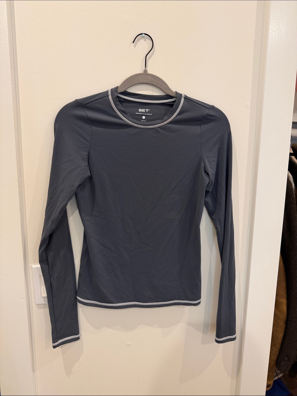 SET Active Long Sleeve Crewneck Top in Charcoal with Light Gray Trim